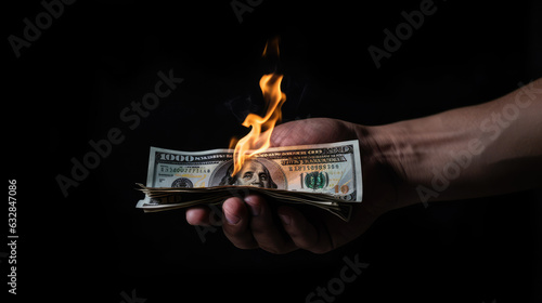 Male hand close-up holds burning money like US Dollar note in hands photo