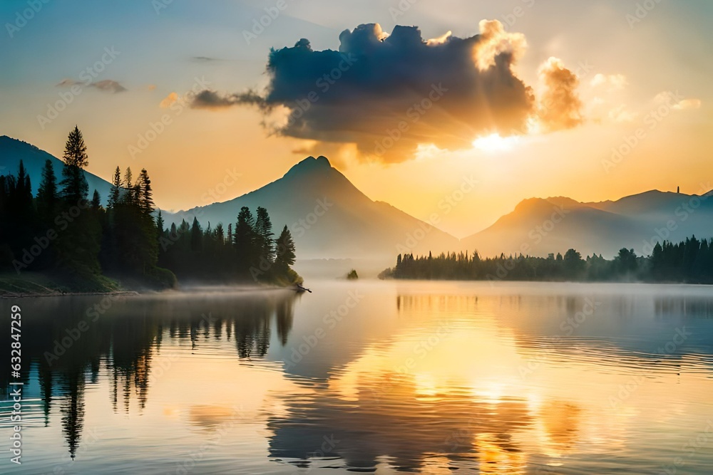 morning in the green mountains in the fog. Beautiful landscape mountains in summer