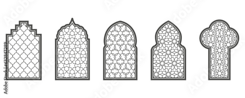 Ramadan window with pattern. Arabic frame of mosque door. Islamic design template. Vector oriental decoration with ornament.