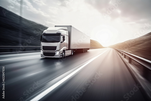 Fast Moving Truck On The Highway In Bright Sunshine. Efficient Logistics With Motion Blur Background - Generative AI