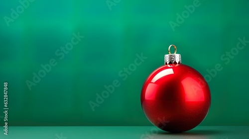 Red xmas bauble isolated on a green background for card, banner. Minimalistic glass shiny red Christmas ball on green wall, table. Season, holiday greetings. photo