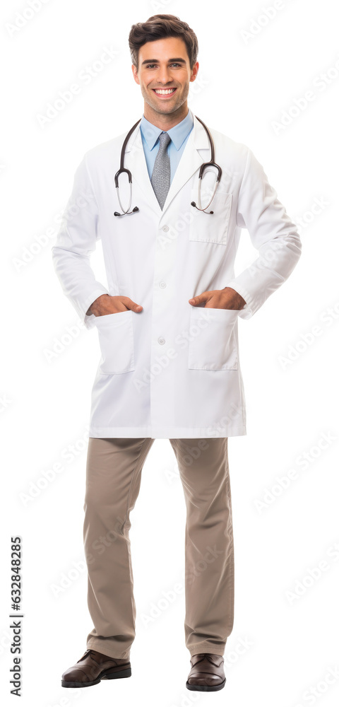 Full length portrait of a smiling male doctor standing isolated
