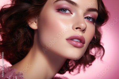 Radiating grace and sophistication, a young woman with impeccable features and a charming smile captures the essence of beauty and luxury in a pink-themed studio shot.