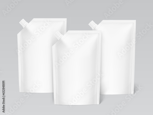 Set of pouch up bag mockup with corner spout. Vector illustration. Front view. Can be use for template your design, presentation, promo, ad. EPS10.	