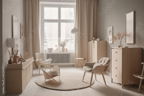 Minimalist nursery with a neutral color scheme and functional furniture, Interiors, 