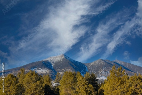 Mt. Humphreys in the winter with snow on top and snow in the foreground, Flagstaff, Arizona