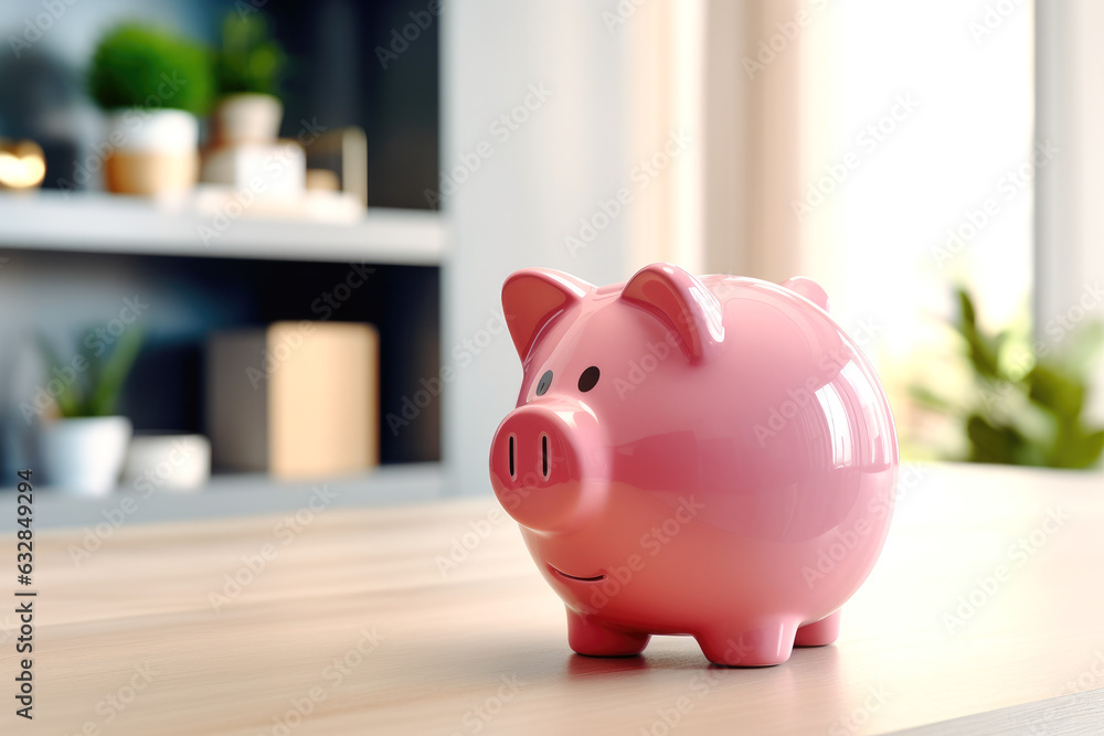 Close-up of a pink piggy bank on a table in an apartment. Accumulation and savings. Close-up of a pink piggy bank on a table in an apartment. Accumulation and savings.