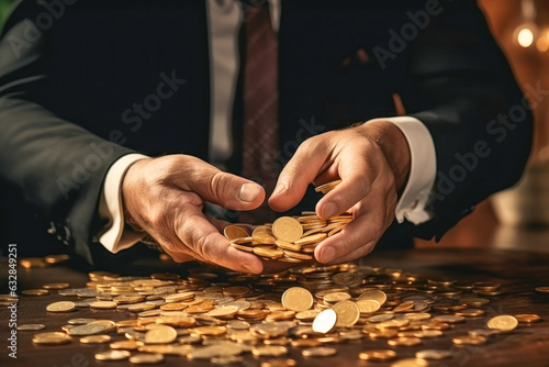Close-up of male hands with a pile of gold coins. Money and finance.