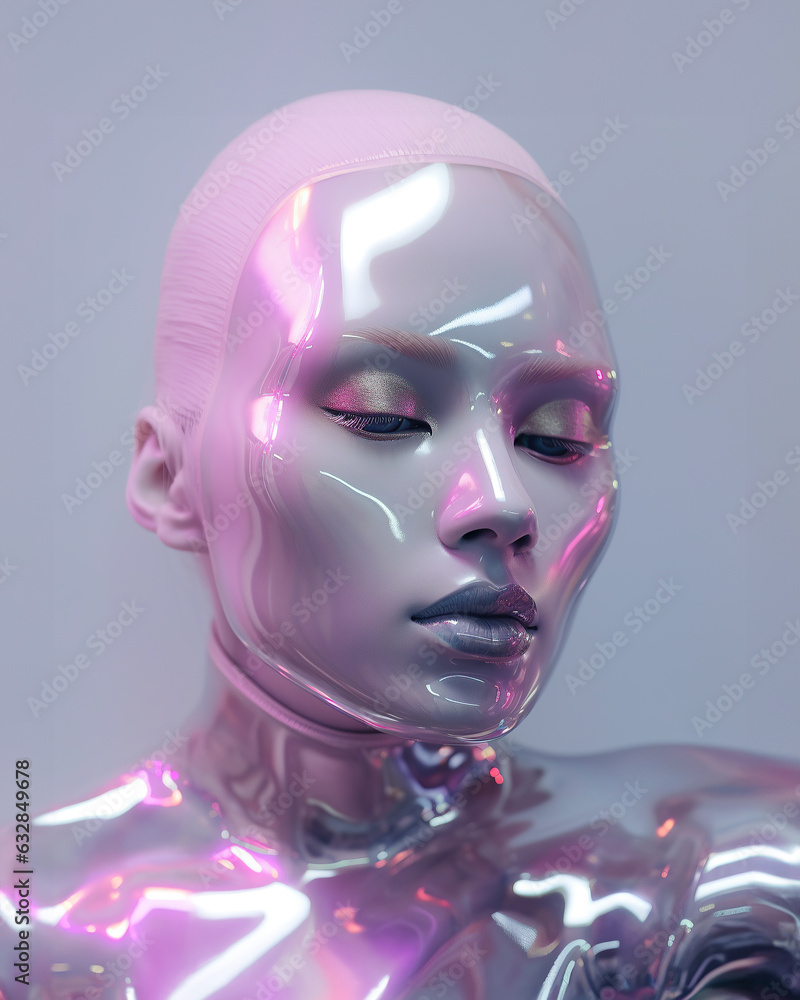 A statuesque woman futuristic chrome alien girl with a captivating