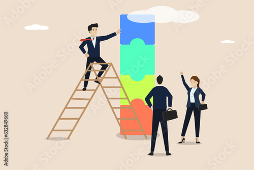 Great teamwork, great cooperation between teams, team success, three workers managed to assemble the puzzle perfectly.