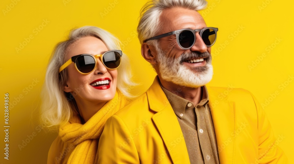 Happy Couple of mature people in sunglasses enjoying and having fun in vacations on yellow background , copy space, ai generative