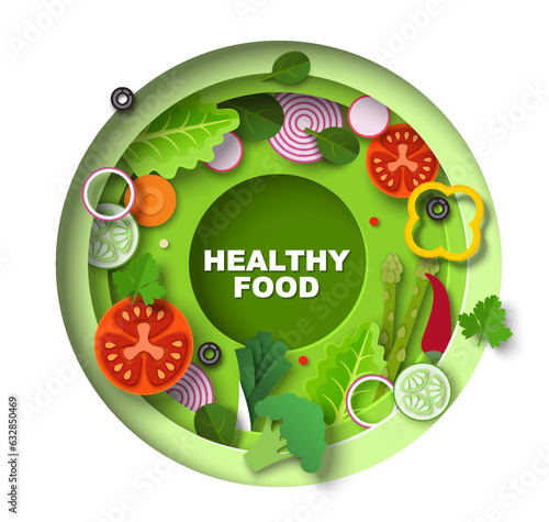 Healthy food paper cut craft vector poster