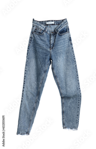 Stylish light blue jeans isolated on white