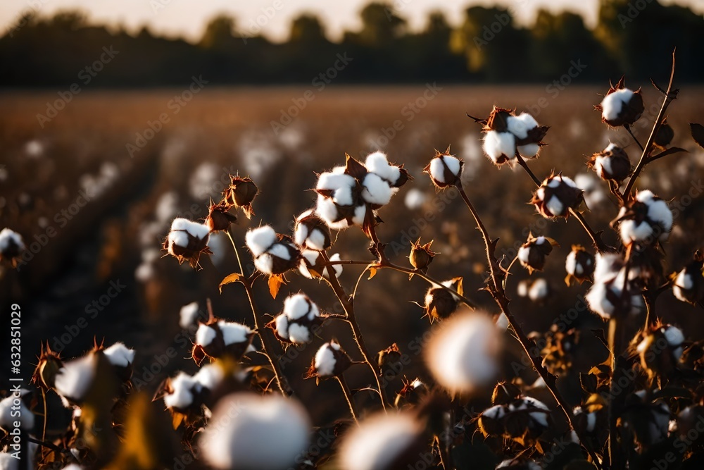 flowers in the field of cotton in sunrise - obrazy, fototapety, plakaty 