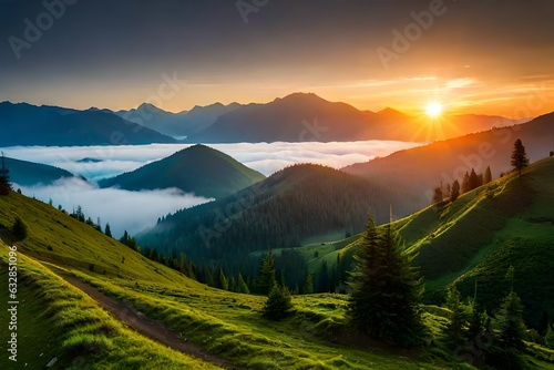 Green mountains sunset panorama with mist forest and sunset sky