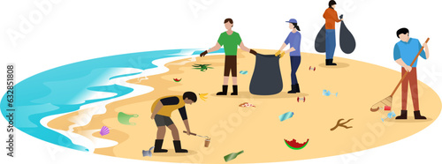 dirty beach cleaning concept, volunteers cleaning up the beach, website and banner size