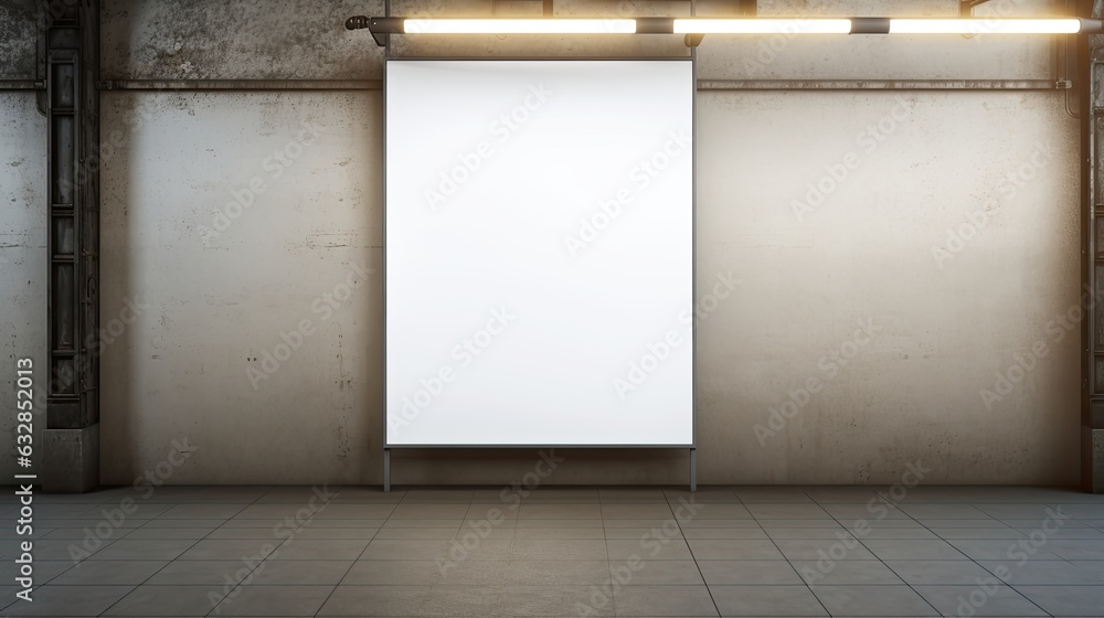 A blank empty canvas poster screen board hanging on a wall at a railway station A blank empty canvas poster screen board hanging on a wall at a railway station