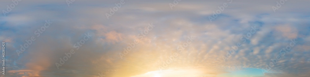 Sunset sky panorama with dramatic bright glowing pink Cumulus clouds. HDR 360 seamless spherical panorama. Full zenith or sky dome for 3D visualization, sky replacement for aerial drone panoramas.