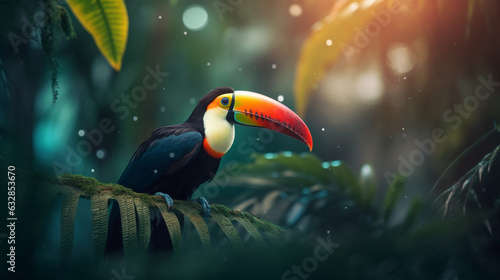 Toucan with Vibrant Feathers in Tropical Foliage  Jungle Birds  bokeh 