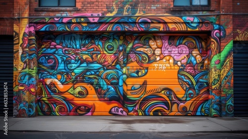 A garage door covered in vibrant graffiti art photo