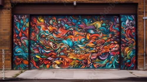 A garage door covered in vibrant graffiti art photo