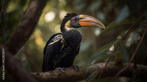 Elegant Hornbill Resting on a Thick Vine, Jungle Birds, bokeh 