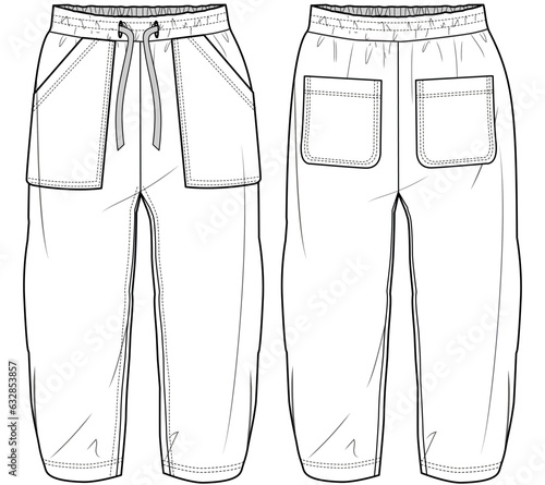 kids boys drawstring elastic waist casual pant flat sketch vector illustration front and back view technical cad drawing template