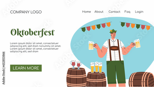Landing page. Celebration the Oktoberfest Beer Festival. Fest Concept Flat Vector Illustration. Male and Female Characters Wear Bavarian Costume and Dress Dance Celebrate Beer Festival. Vector