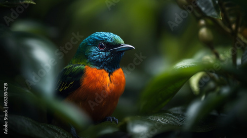 Vibrant Tanager Among Tropical Leaves, Jungle Birds, bokeh  © Nati