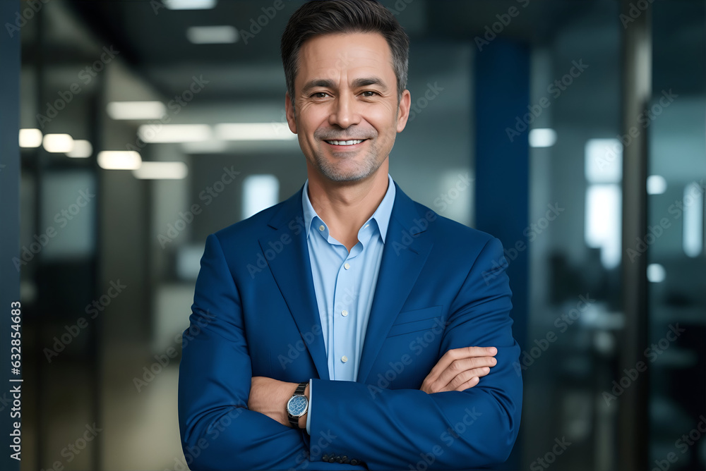 Middle-Aged Business Visionary CEO Stands Tall in Office, Arms Crossed, Wearing Distinguished Blue Suit, Exuding Confidence and Leadership