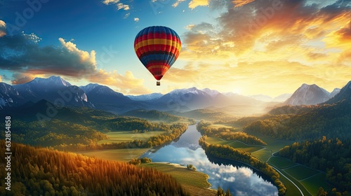 Balloon flying over country with mountains rivers and forests