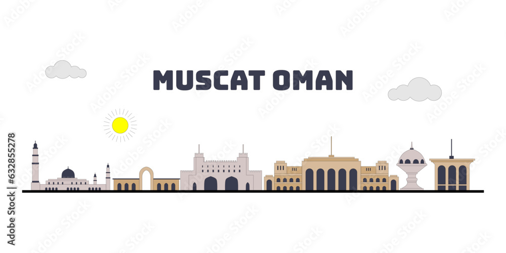 Muscat Oman cityscape skyline sketch illustration vector. Famous popular city in the world in colorful style.