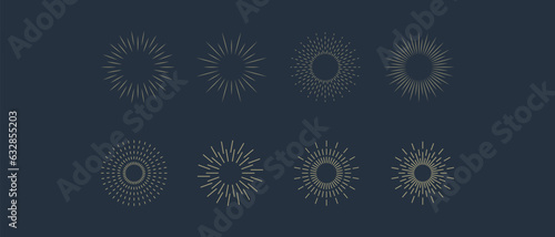 Vintage sunburst icons set. Sun rays. Radial sunset beams. Fireworks. Vector illustration.