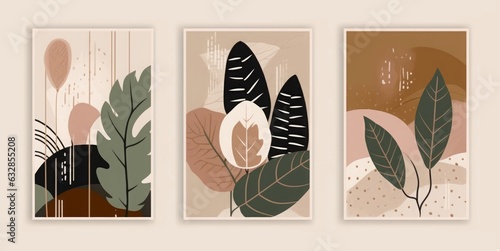 Set of trendy boho abstract botanical illustrations. Modern style wall decor. Collection of contemporary artistic posters, Generative AI