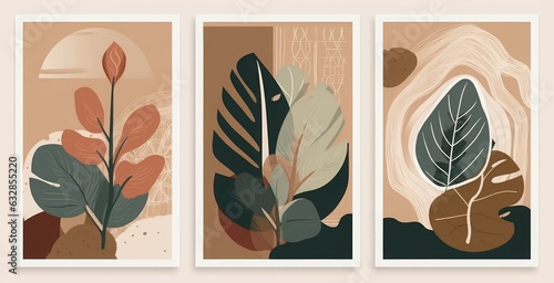 Set of trendy boho abstract botanical illustrations. Modern style wall decor. Collection of contemporary artistic posters, Generative AI