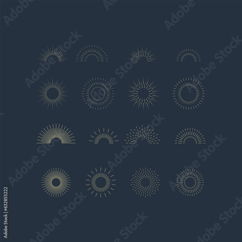 Vintage sunburst icons set. Sun rays. Radial sunset beams. Fireworks. Vector illustration.