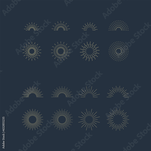 Vintage sunburst icons set. Sun rays. Radial sunset beams. Fireworks. Vector illustration.