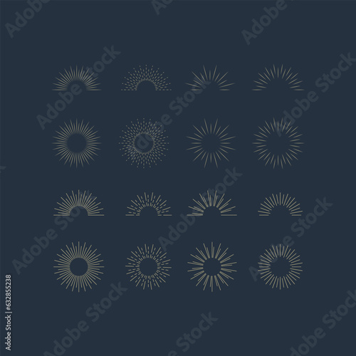 Vintage sunburst icons set. Sun rays. Radial sunset beams. Fireworks. Vector illustration.