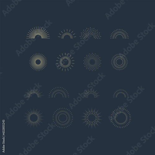 Vintage sunburst icons set. Sun rays. Radial sunset beams. Fireworks. Vector illustration.