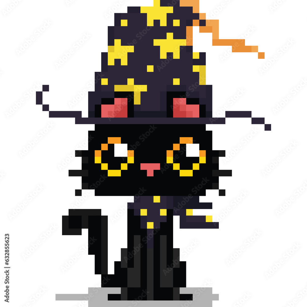 Fototapeta premium Pixel art cartoon cute magical black cat character