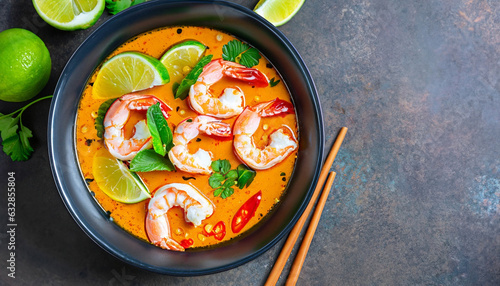 Yom yum kung spicy Thai soup with shrimp in a black bowl. Thailand food. Taste of heritage