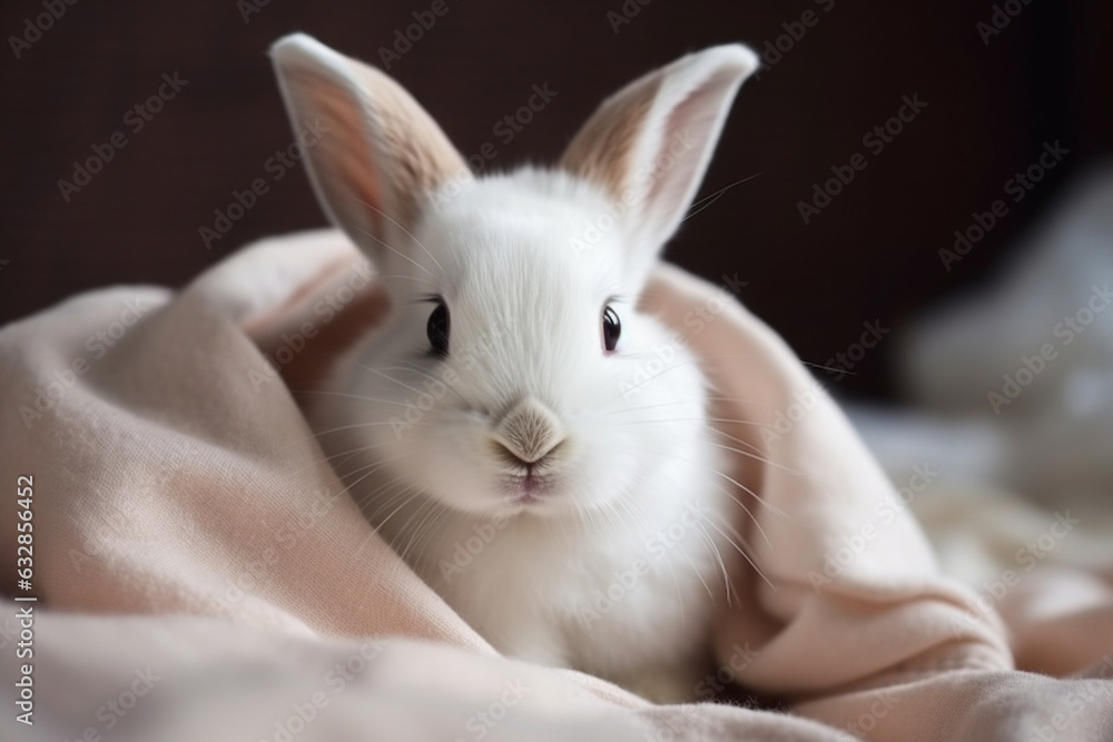 White Bunny with a Cozy Blanket, Rabbit, bokeh White Bunny with a Cozy Blanket, Rabbit, bokeh