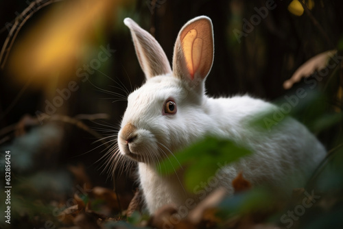 Inquisitive White Rabbit Peering through Foliage, Rabbit, bokeh  © Nati