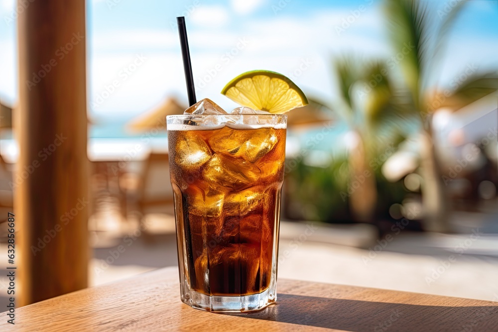 Fresh cold cola soda drink with a lime slice at a blurry tropical beach background - obrazy, fototapety, plakaty 