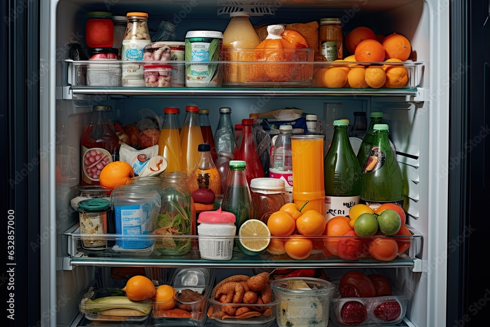 Fridge filled with food, drinks, juice and other groceries 
