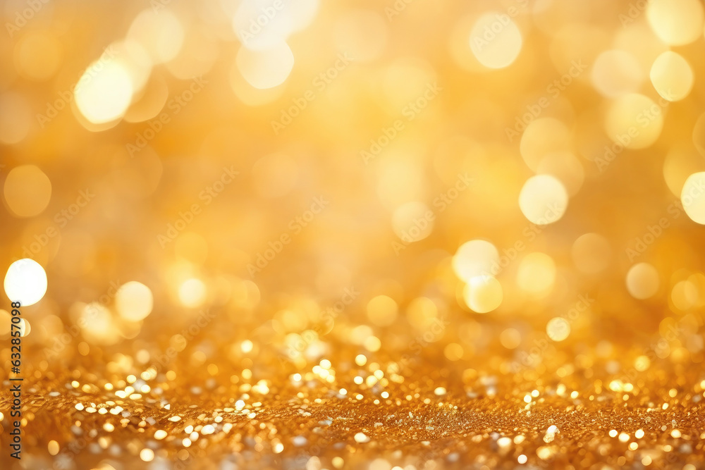 Abstract golden background with bokeh effect and shining defocused glitters. Festive gold texture for Christmas, New Year, birthday, celebration, greeting, victory, success, magic party. Abstract golden background with bokeh effect and shining defocused glitters. Festive gold texture for Christmas, New Year, birthday, celebration, greeting, victory, success, magic party.