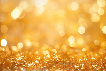 Abstract golden background with bokeh effect and shining defocused glitters. Festive gold texture for Christmas, New Year, birthday, celebration, greeting, victory, success, magic party.