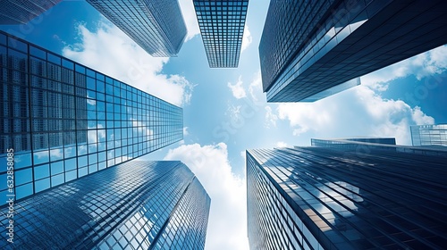 Modern office buildings skyscrapers taken from below with blue cloudy sky