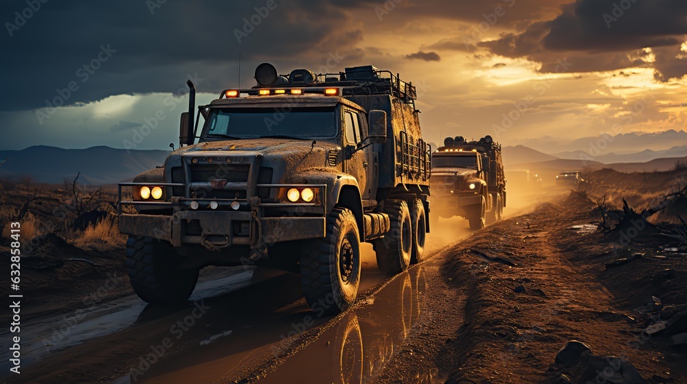 Convoys of military trucks rumbled through the scarred land. Convoys of military trucks rumbled through the scarred land.