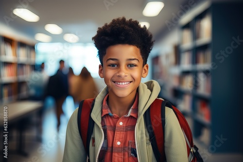 Smiling african american schoolboy in school library. Education concerpt.